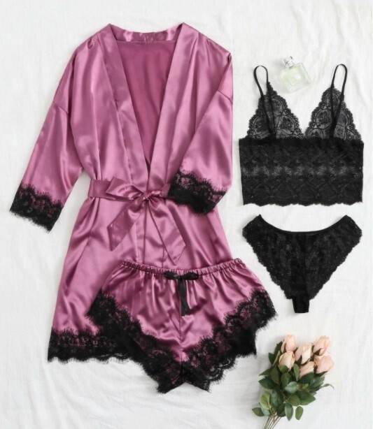 4 Piece Satin Robe with Lace Lingerie Set – 99 Degrees